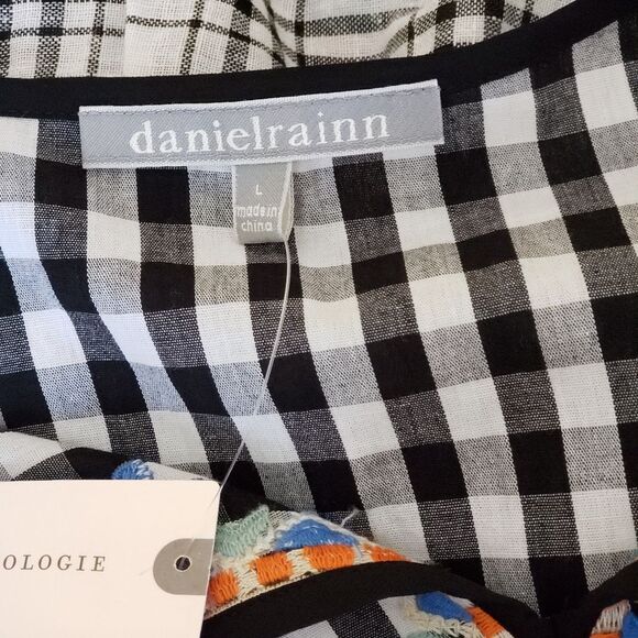 Daniel Rainn Tie Neck Gingham Embroidered Floral Eyelet 100% Cotton Top Large - Picture 10 of 12